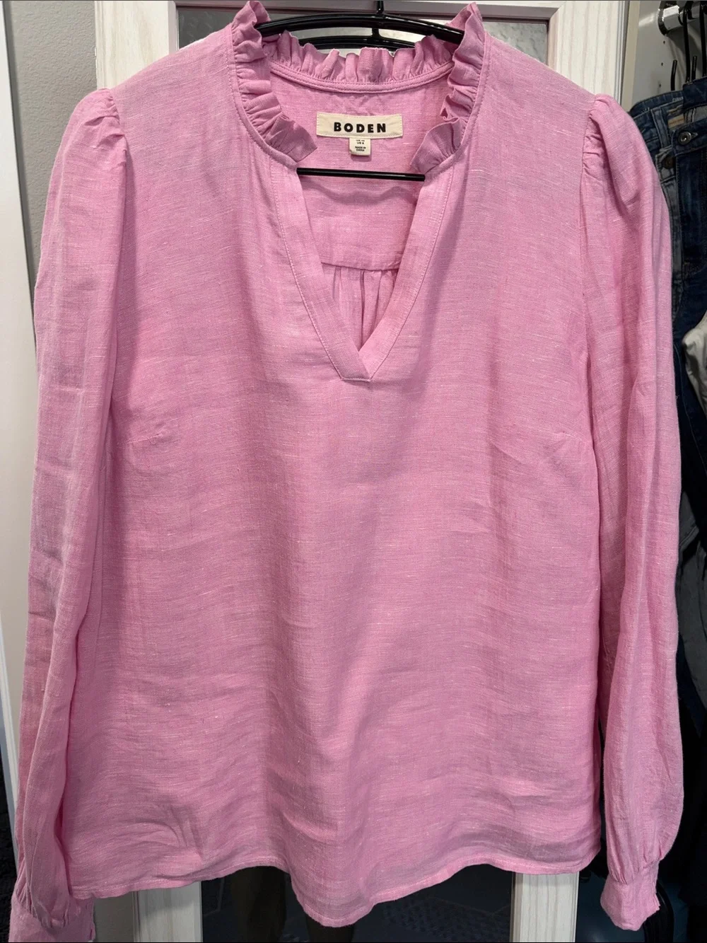 Boden Pink Ruffle-Trim V-Neck Long-Sleeve Blouse